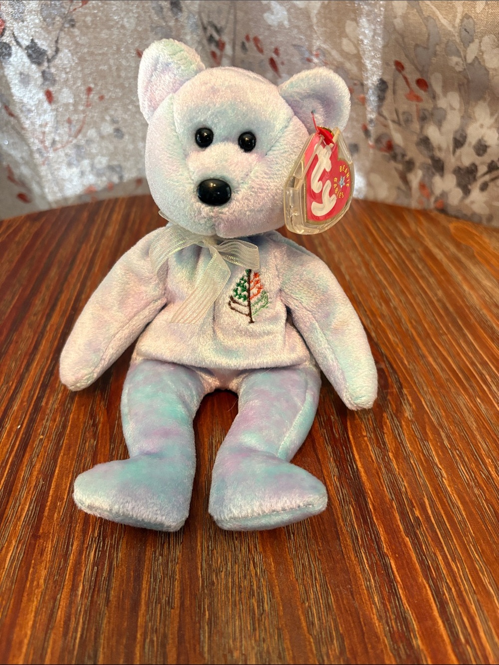 Ty Pastel Blue-Purple Beanie Bear with Embroidered Tree